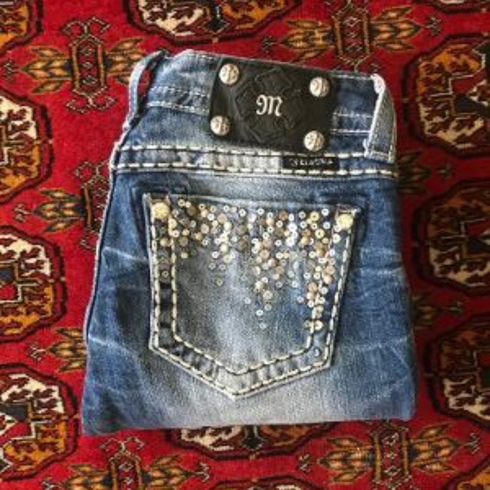 MISS ME Sequin Detail and Rhinestone Pocket Jeans